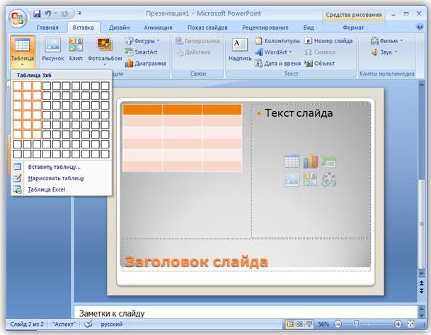 Как добавить в слайд картинку диаграмму таблицу